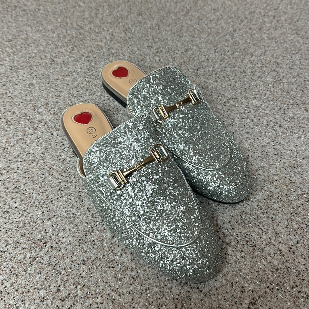 Silver sparkle mule shoes